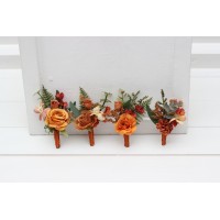  Wedding boutonnieres and wrist corsage  in rust orange color scheme. Flower accessories. 5213