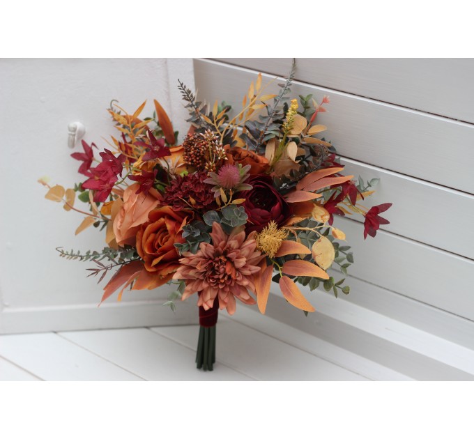 Wedding bouquets in rust burgundy orange  colors. Bridal bouquet. Faux bouquet. Bridesmaid bouquet. 5073-1