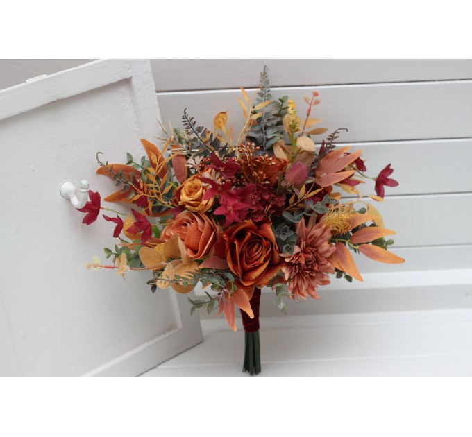 Wedding bouquets in rust burgundy orange  colors. Bridal bouquet. Faux bouquet. Bridesmaid bouquet. 5073-1