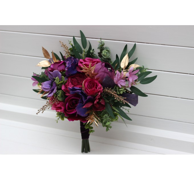 Bouquets in purple magenta gold color theme. Bridal bouquet. Faux bouquet. Bridesmaid bouquet. 5273