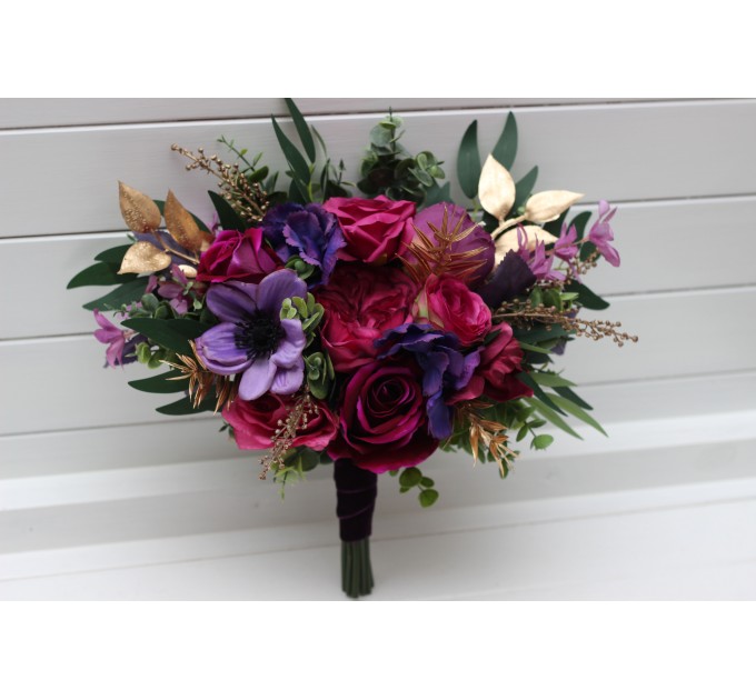 Bouquets in purple magenta gold color theme. Bridal bouquet. Faux bouquet. Bridesmaid bouquet. 5273