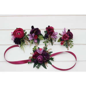  Wedding boutonnieres and wrist corsage  in purple magenta gold  color scheme. Flower accessories.5273