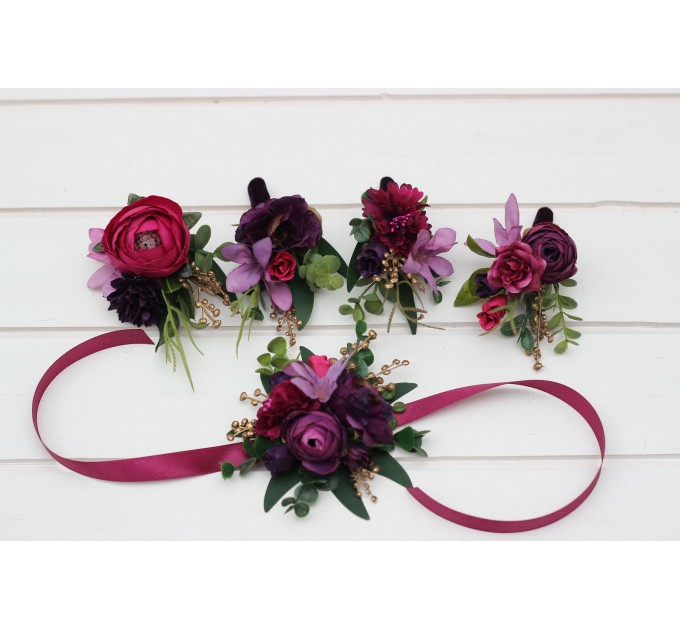  Wedding boutonnieres and wrist corsage  in purple magenta gold  color scheme. Flower accessories.5273