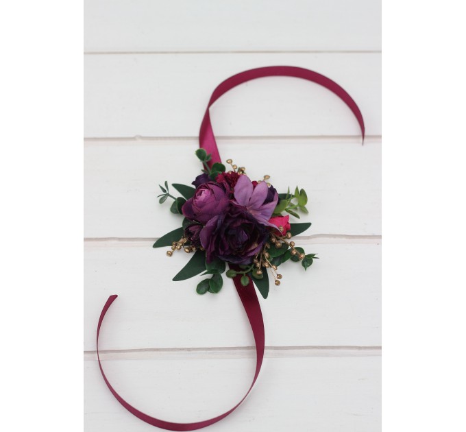  Wedding boutonnieres and wrist corsage  in purple magenta gold  color scheme. Flower accessories.5273