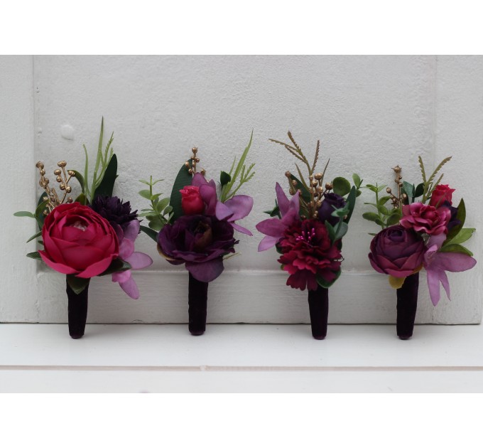  Wedding boutonnieres and wrist corsage  in purple magenta gold  color scheme. Flower accessories.5273