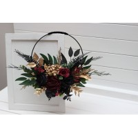 Flower hoop in burgundy black gold green color scheme. Alternative bridesmaid bouquet. 5305