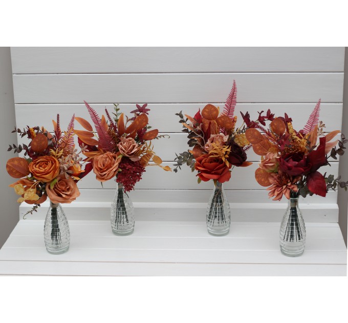 Mini bouquets for vases. Flowers for wedding decor. Table flowers in rust burgundy orange colors. Centerpiece. 5073