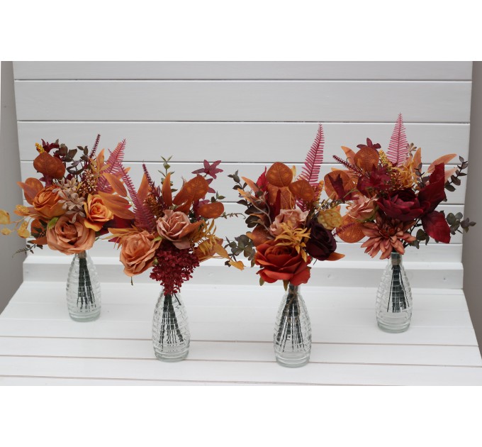 Mini bouquets for vases. Flowers for wedding decor. Table flowers in rust burgundy orange colors. Centerpiece. 5073