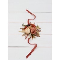  Wedding boutonnieres and wrist corsage  in cinnamon terracotta ivory color scheme. Flower accessories. 0510