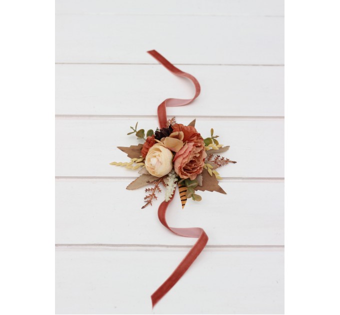  Wedding boutonnieres and wrist corsage  in cinnamon terracotta ivory color scheme. Flower accessories. 0510