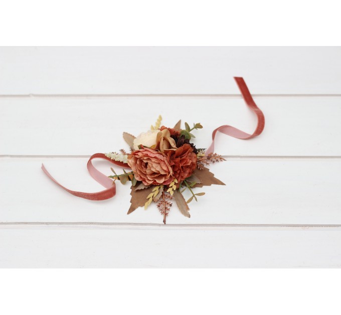  Wedding boutonnieres and wrist corsage  in cinnamon terracotta ivory color scheme. Flower accessories. 0510