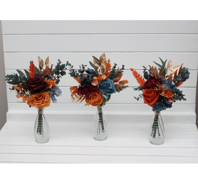 Mini bouquets for vases in rust teal burgundy gold color scheme. Flowers for wedding decor. Table flowers. Centerpiece. 5208