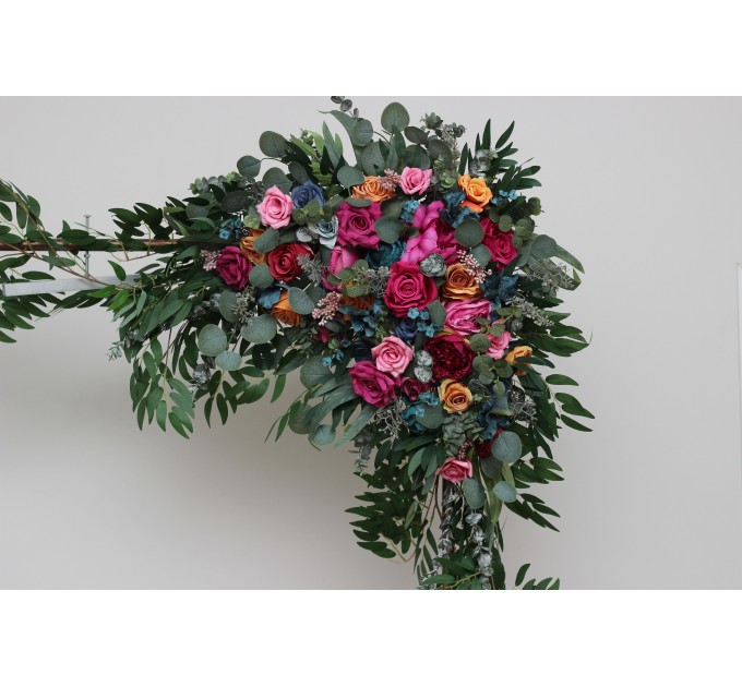  Flower arch arrangement in jewel-tone color scheme.  Arbor flowers. Floral archway. Faux flowers for wedding arch. 5187