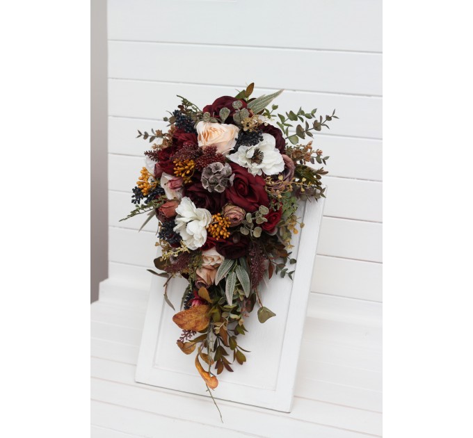 Cascade bouquet. Burgundy ivory white brown flowers. Bridal bouquet. Faux bouquet. Fall wedding bouquet. Silk flowers. Boho wedding. Brown oliva greenery. Bridal bouquet. Faux bouquet. Bridesmaid bouquet. 5310