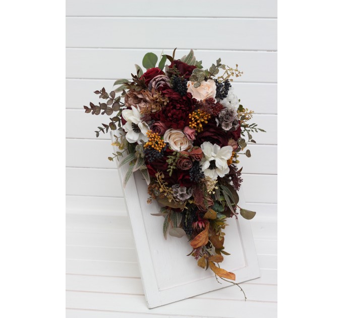 Burgundy ivory white brown flowers. Bridal bouquet. Faux bouquet. Fall wedding bouquet. Silk flowers. Boho wedding. Brown oliva greenery. Bridal bouquet. Faux bouquet. Bridesmaid bouquet. 5310