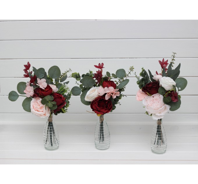 Mini bouquets for vases in burgundy blush pink color scheme. Flowers for wedding decor. Table flowers. Centerpiece. 5246