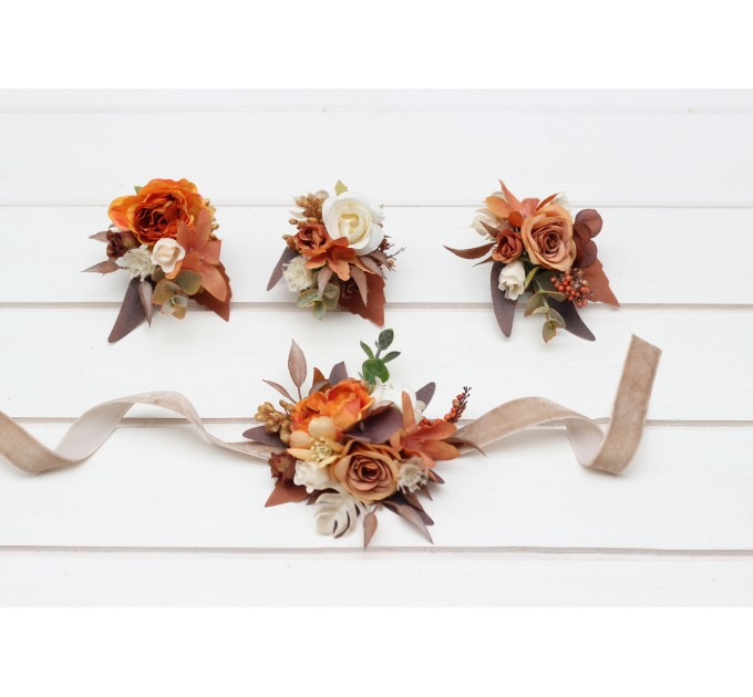  Wedding boutonnieres and wrist corsage  in orange ivory rust terracotta color scheme. Flower accessories. 5140