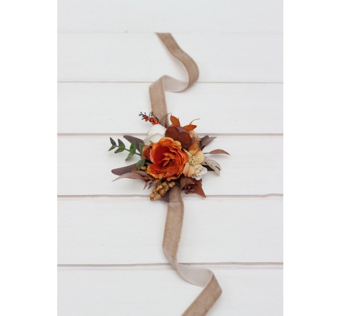  Wedding boutonnieres and wrist corsage  in orange ivory rust terracotta color scheme. Flower accessories. 5140