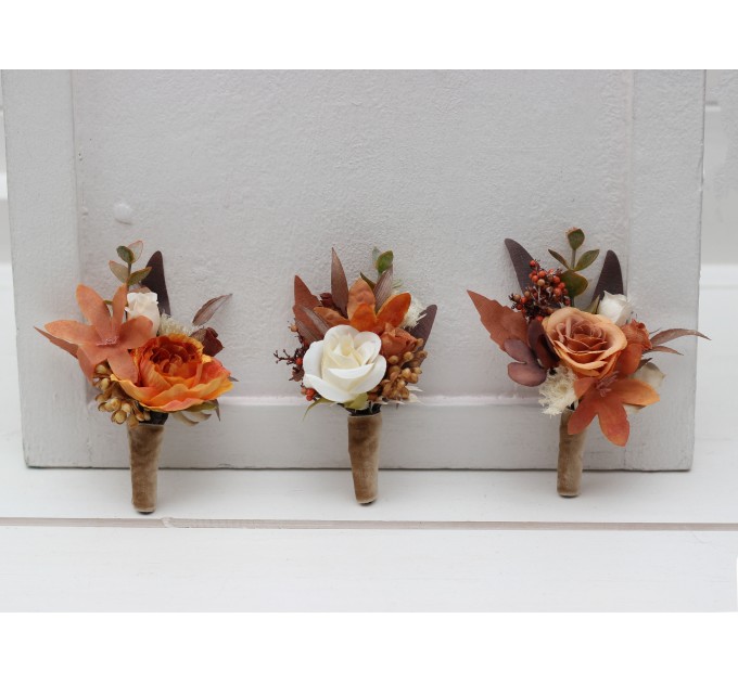  Wedding boutonnieres and wrist corsage  in orange ivory rust terracotta color scheme. Flower accessories. 5140