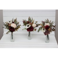 Mini bouquets for vases in burgundy ivory white color scheme. Flowers for wedding decor. Table flowers. Centerpiece. 5310