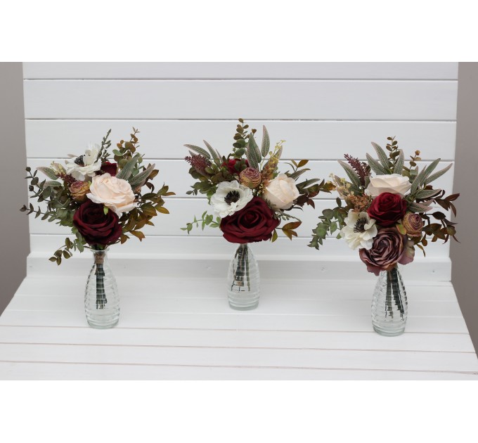 Mini bouquets for vases in burgundy ivory white color scheme. Flowers for wedding decor. Table flowers. Centerpiece. 5310