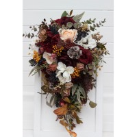 Cascade bouquet. Burgundy ivory white brown flowers. Bridal bouquet. Faux bouquet. Fall wedding bouquet. Silk flowers. Boho wedding. Brown oliva greenery. Bridal bouquet. Faux bouquet. Bridesmaid bouquet. 5310