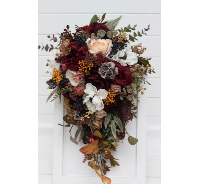 Cascade bouquet. Burgundy ivory white brown flowers. Bridal bouquet. Faux bouquet. Fall wedding bouquet. Silk flowers. Boho wedding. Brown oliva greenery. Bridal bouquet. Faux bouquet. Bridesmaid bouquet. 5310