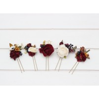  Set of  5 hair pins in  burgundy ivory white color scheme. Hair accessories. Flower accessories for wedding.  5310