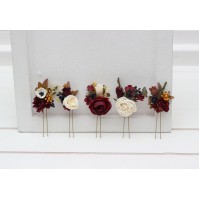  Set of  5 hair pins in  burgundy ivory white color scheme. Hair accessories. Flower accessories for wedding.  5310