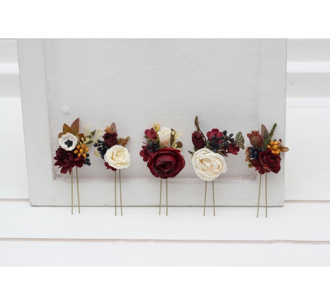  Set of  5 hair pins in  burgundy ivory white color scheme. Hair accessories. Flower accessories for wedding.  5310