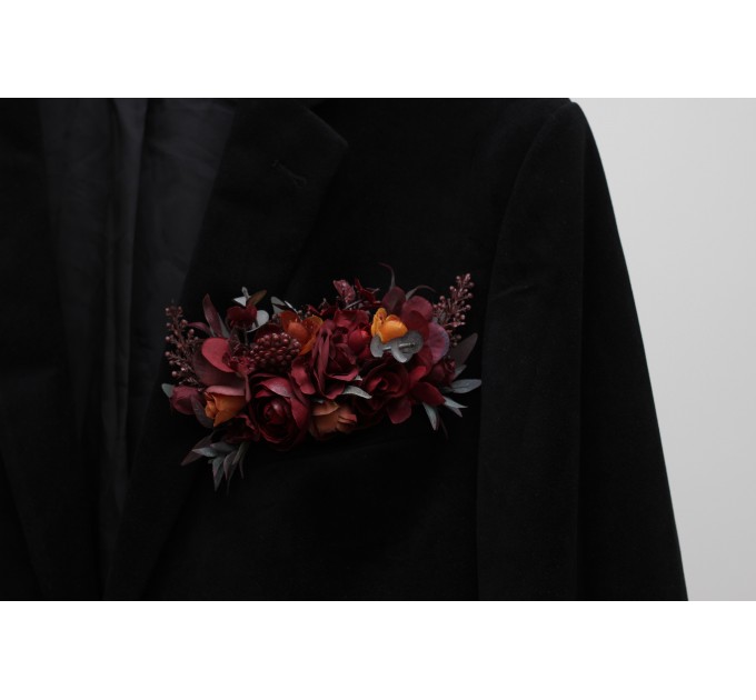 Pocket boutonniere in rust burgundy cinnamon color scheme. Flower accessories. Pocket flowers. Square flowers. 0044