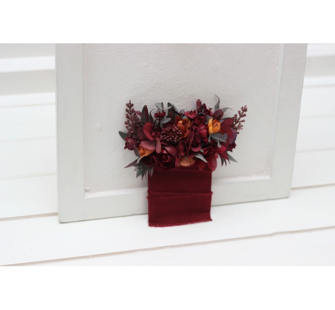 Pocket boutonniere in rust burgundy cinnamon color scheme. Flower accessories. Pocket flowers. Square flowers. 0044