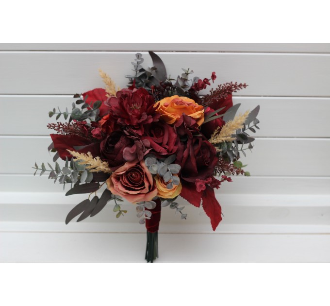 Wedding bouquets in rust burgundy cinnamon colors. Bridal bouquet. Cascading bouquet. Faux bouquet. Bridesmaid bouquet. 0044