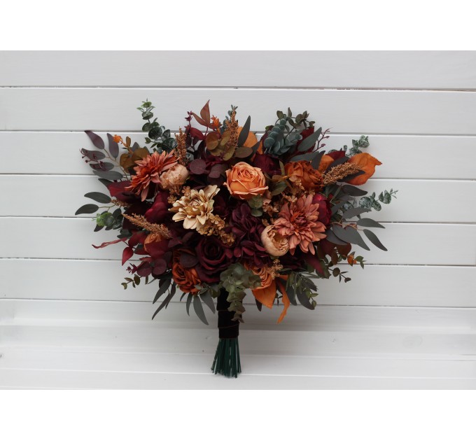 Bouquets in burgundy orange rust brown color theme. Bridal bouquet. Faux bouquet. Bridesmaid bouquet. 5330