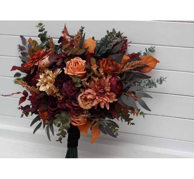 Bouquets in burgundy orange rust brown color theme. Bridal bouquet. Faux bouquet. Bridesmaid bouquet. 5330