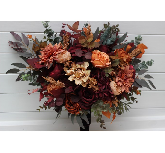 Bouquets in burgundy orange rust brown color theme. Bridal bouquet. Faux bouquet. Bridesmaid bouquet. 5330