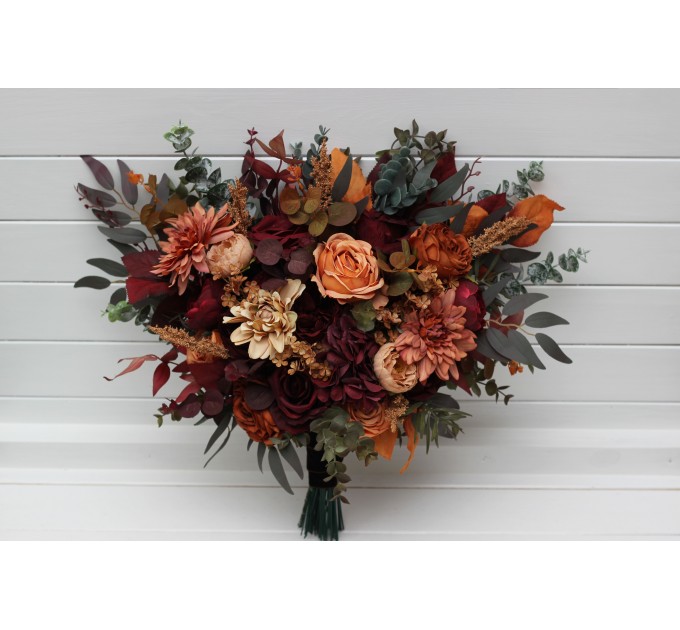 Bouquets in burgundy orange rust brown color theme. Bridal bouquet. Faux bouquet. Bridesmaid bouquet. 5330