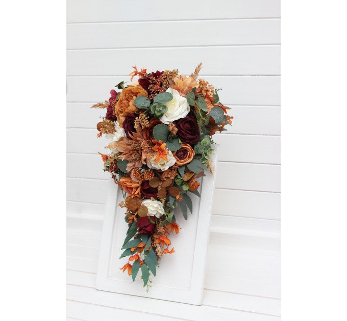 Bouquets in cinnamon ivory burgundy orange color theme. Bridal bouquet. Faux bouquet. Bridesmaid bouquet. 5287