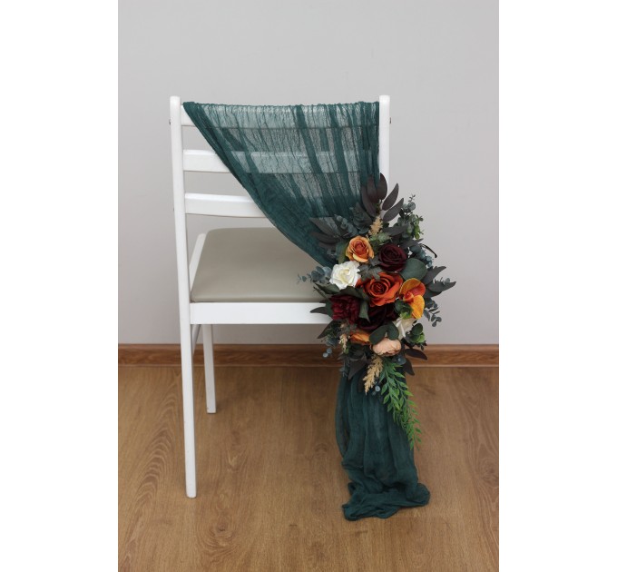 Aisle flowers in rust orange burgundy scheme. Chair flowers. Sign flowers. Marker flowers. Wedding flowers. Flowers for wedding decor. 0035