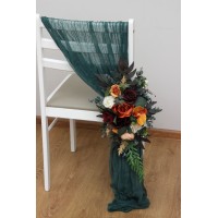 Aisle flowers in rust orange burgundy scheme. Chair flowers. Sign flowers. Marker flowers. Wedding flowers. Flowers for wedding decor. 0035