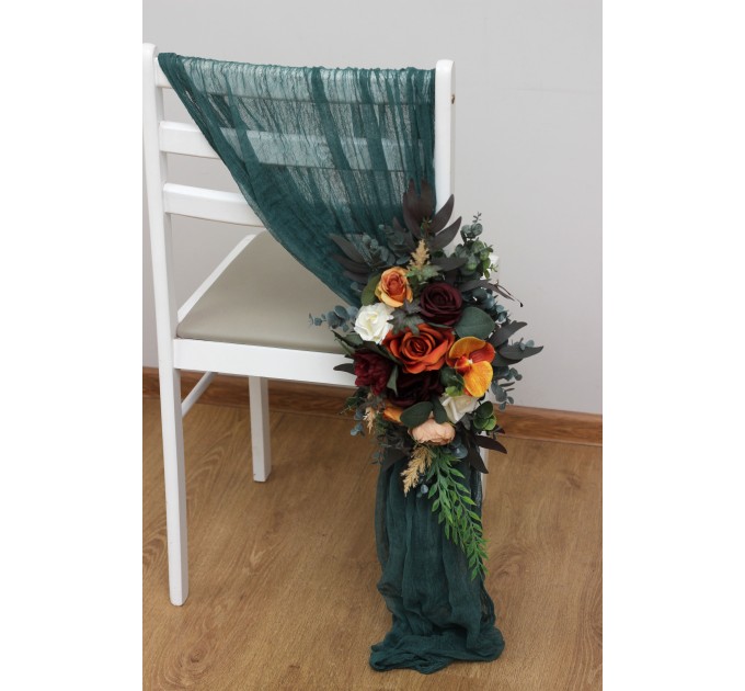 Aisle flowers in rust orange burgundy scheme. Chair flowers. Sign flowers. Marker flowers. Wedding flowers. Flowers for wedding decor. 0035