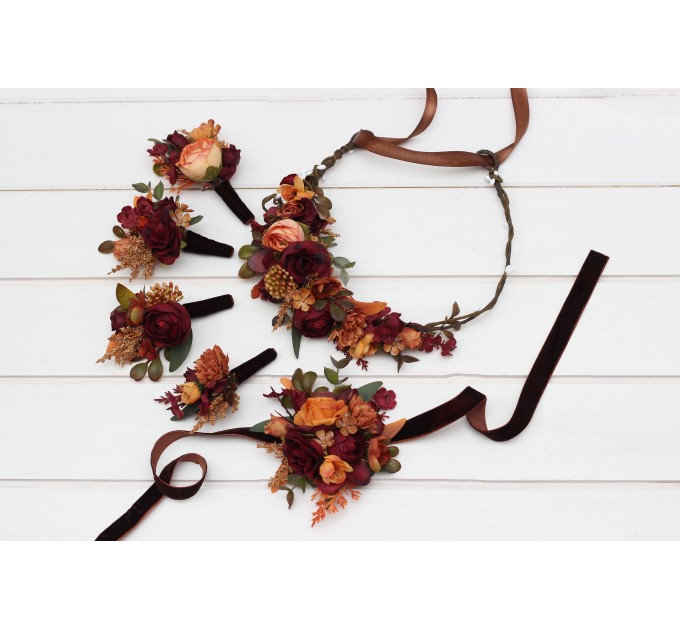  Wedding boutonnieres and wrist corsage  in burgundy orange rust brown color scheme. Flower accessories. 5330