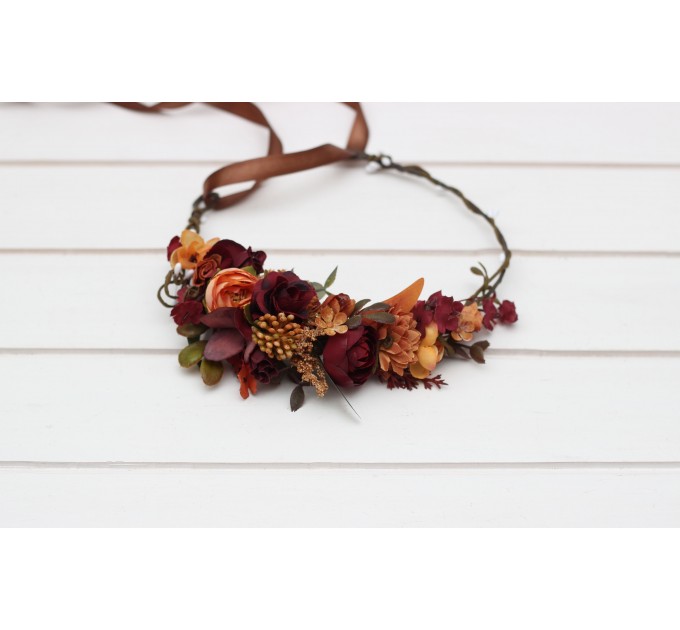 Burgundy orange rust brown  flower crown. Hair wreath. Flower girl crown. Wedding flowers. 5330