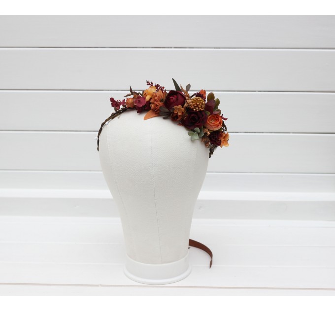 Burgundy orange rust brown  flower crown. Hair wreath. Flower girl crown. Wedding flowers. 5330