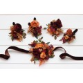  Wedding boutonnieres and wrist corsage  in burgundy orange rust brown color scheme. Flower accessories. 5330