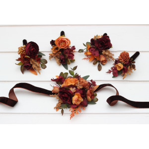  Wedding boutonnieres and wrist corsage  in burgundy orange rust brown color scheme. 5330