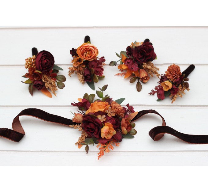  Wedding boutonnieres and wrist corsage  in burgundy orange rust brown color scheme. Flower accessories. 5330