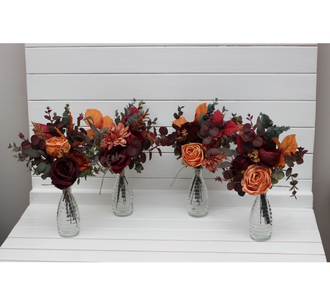 Mini bouquets for vases in burgundy orange rust  brown color scheme. Flowers for wedding decor. Table flowers. Centerpiece. 5330