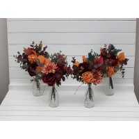 Mini bouquets for vases in burgundy orange rust  brown color scheme. Flowers for wedding decor. Table flowers. Centerpiece. 5330