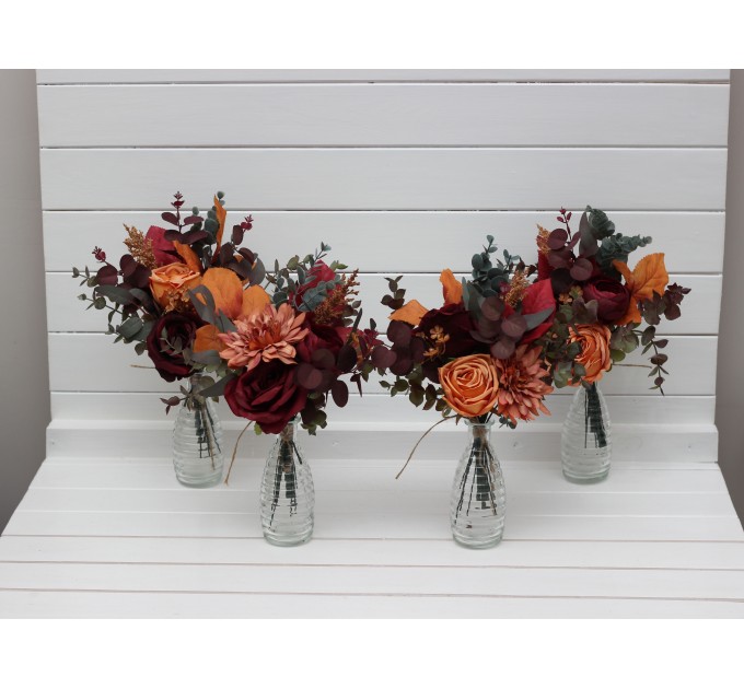 Mini bouquets for vases in burgundy orange rust  brown color scheme. Flowers for wedding decor. Table flowers. Centerpiece. 5330